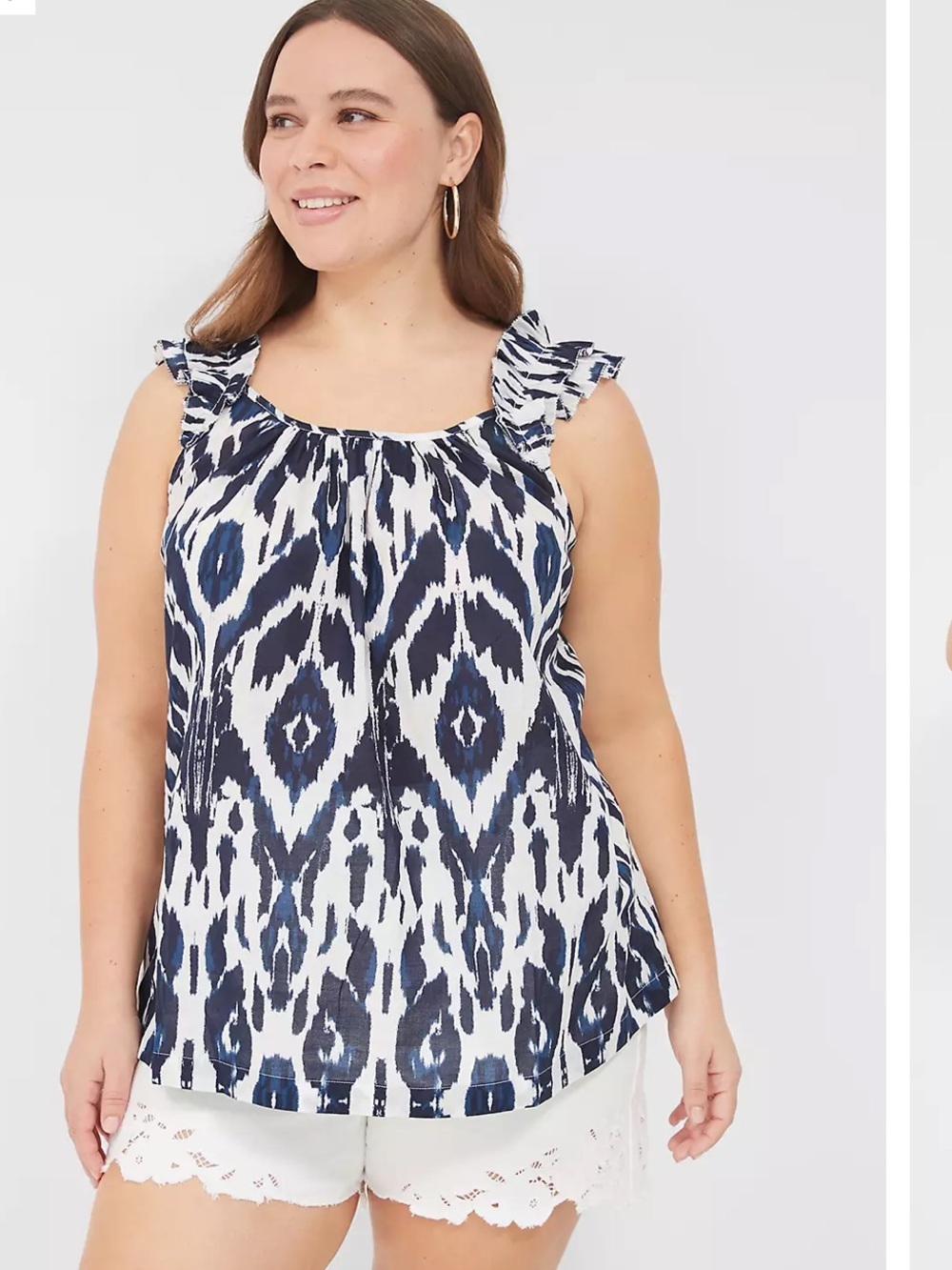 Lane Bryant Navy and White Ikat Ruffle Strap Camisole